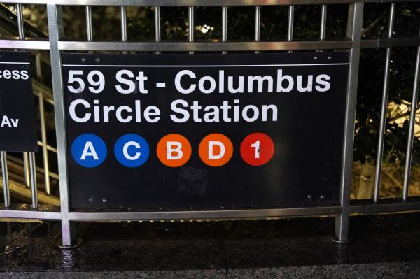 A general view of a sign for the Columbus Circle subway station or 59th Street subway station in New York, NY on March 28, 2024.