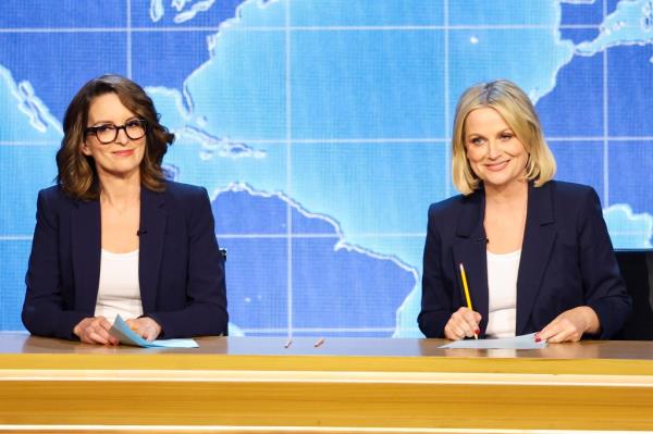 (L-R) Tina Fey and Amy Poehler speak o<em></em>nstage during the 75th Primetime Emmy Awards at Peacock Theater on January 15, 2024, in Los Angeles, California.