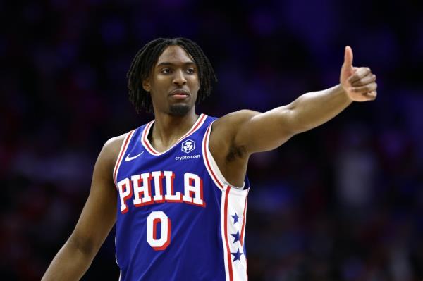 Tyrese Maxey #0 of the Philadelphia 76ers reacts during the first quarter against the New York Knicks game three of the Eastern Co<em></em>nference First Round Playoffs.