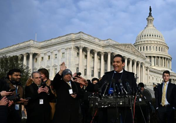 US Representative George Santos (R-NY) speaks during a press co<em></em>nference outside the US Capitol in Washington, DC, on November 30, 2023.