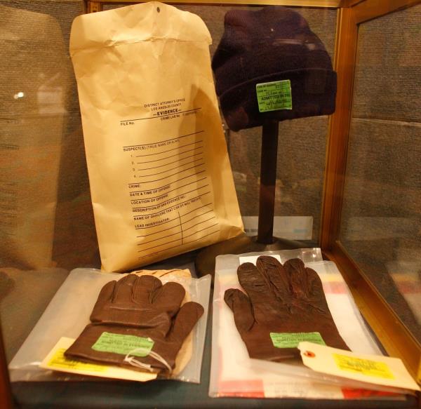 The beanie and gloves from the Simpson trial on display at a LAPD conference.