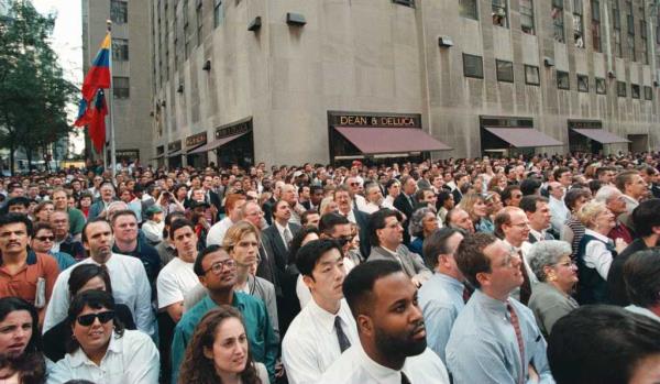 A crowd gathered at 30 Rockefeller Center to watch the Simpson trial verdict.