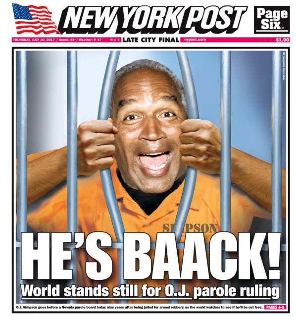 The New York Post cover on the day of Simpson's parole hearing in 2017.