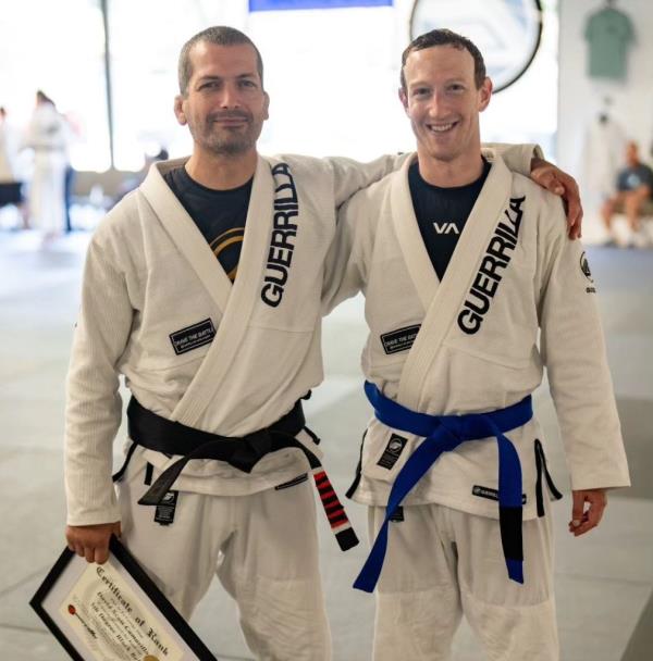 Zuckerberg after earning his blue belt in BJJ under coach and 5th degree black belt Dave Camarillo.