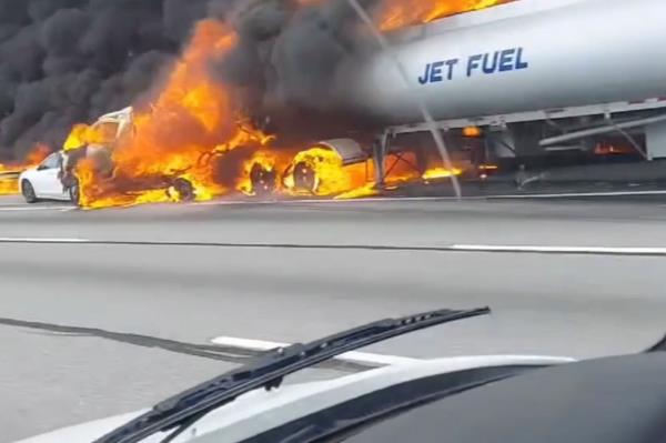 tanker engulfed in flames
