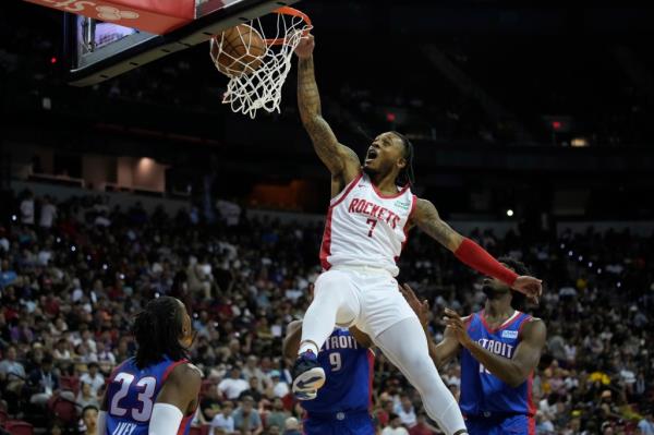 Houston Rockets' Cam Whitmore dunks against the Detroit Pistons during the first half of an NBA summer league basketball game Sunday, July 9, 2023, in Las Vegas.