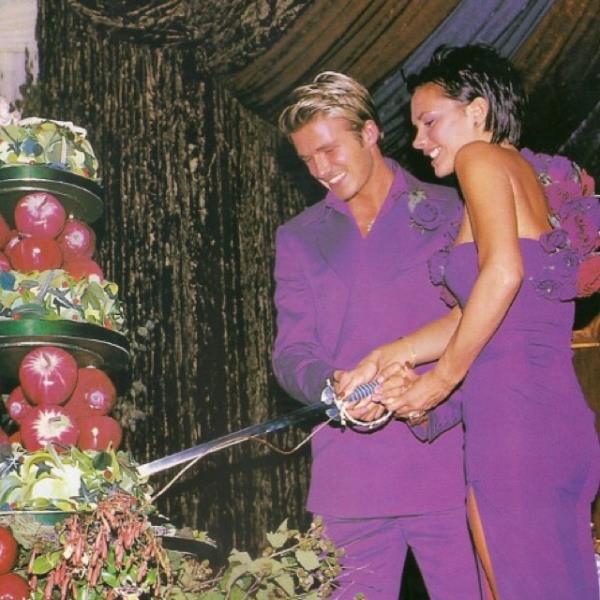 David and Victoria Beckham's instagram both wore matching purple Anto<em></em>nio Berardi outfits at their wedding reception in 1999.