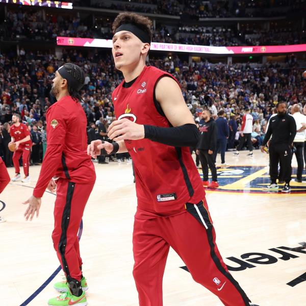 Tyler Herro #14 of the Miami Heat warms up before Game Five of the 2023 NBA Finals against the Denver Nuggets on June 12, 2023 in Denver, Colorado.