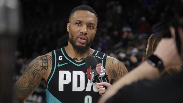 Damian Lillard #0 of the Portland Trail Blazers talks to the media after the game on March 6, 2023 at Little Caesars Arena in Detroit, Michigan.
