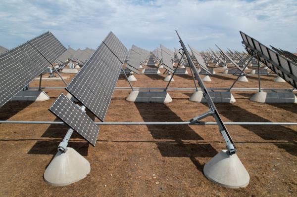 Solar panels set up at a solar farm at the University of California, Merced.