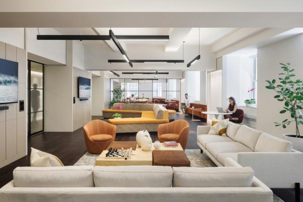 The space also offers a large area for plush seating.