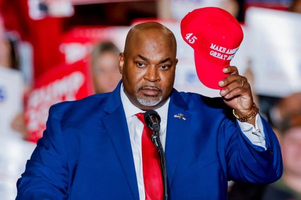 Republican North Carolina Lieutenant Governor and gubernatorial candidate Mark Robinson speaks before former US President and Republican presidential candidate Do<em></em>nald Trump.