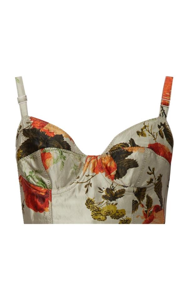 A light blue printed classic corset top by Vivienne Westwood featured in the show Bridgerton