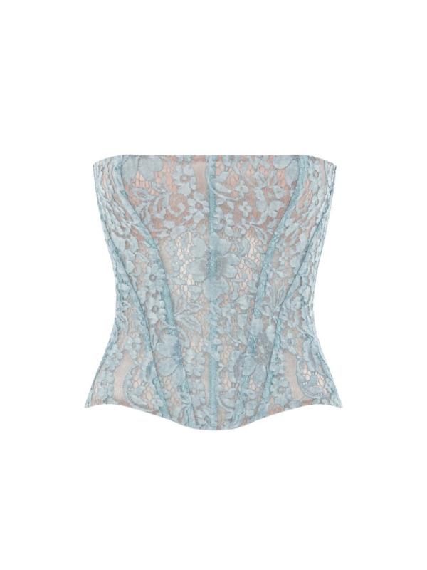 A blue lace bustier corset top by Rosie Corsets, priced at $550
