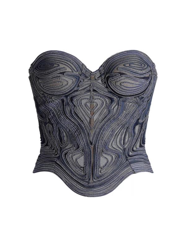 Navy Ralph Lauren Collection Bro<em></em>nya Seamed Tulle & Denim Bustier Top with a beaded design