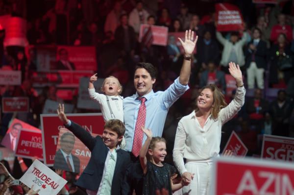 Justin Trudeau (here with three children and his wife Sophie Gregoire) attended an election rally in the city of Brampton near Toronto, Canada on 4th October 2015. 