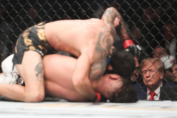 Trump (R) watches from the stands during the flyweight title fight between Alexandre Pantoja of Brazil (top) and Brandon Royval of the United States during the UFC 296