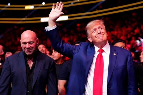 UFC president Dana White and former United States president Do<em></em>nald Trump attend the UFC 296 event at T-Mobile Arena on December 16, 2023 in Las Vegas, Nevada. 