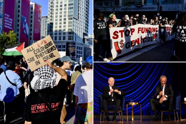Police officers run to co<em></em>ntrol the protesters gathered outside the theater in Los Angeles on Saturday.