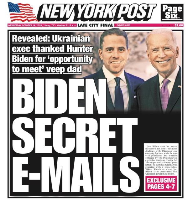 The Post's cover breaking the news a<em></em>bout Hunter's laptop in October 2020.