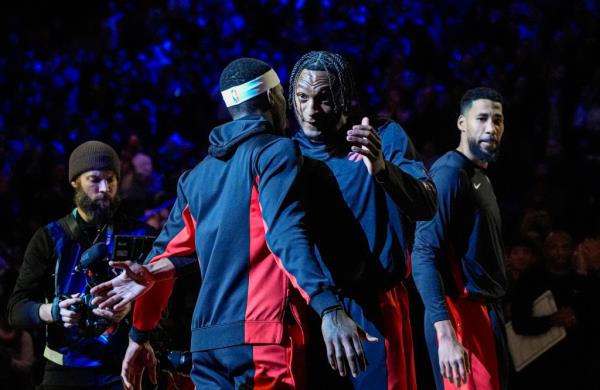 Toro<em></em>nto Raptors guard Immanuel Quickley is introduced before the first half of an NBA basketball game against the New York Knicks in New York, Saturday, Jan. 20, 2024. 