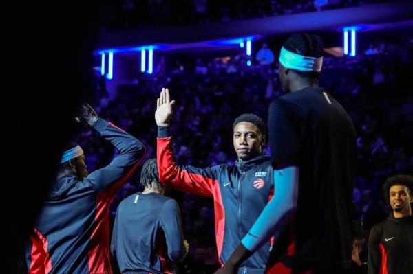Toro<em></em>nto Raptors guard RJ Barrett is introduced before the first half of an NBA basketball game against the New York Knicks in New York, Saturday, Jan. 20, 2024.