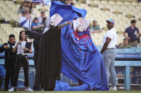 The Sisters of Perpetual Indulgence are recognized before the game between the Los Angeles Dodgers and the San Francisco Giants at Dodger Stadium on June 16, 2023 in Los Angeles, California.