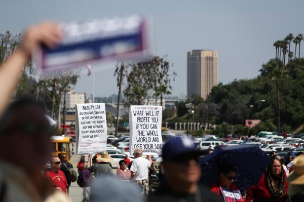 protesters outside Dodgers Stadium