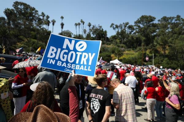 Protesters outside Dodger Stadium