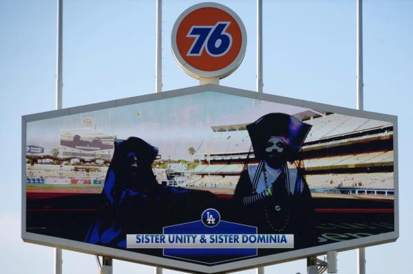 Sister Dominia (left) and Sister Unity of Sisters of Perpetual Indulgence on the video board during LGBTQ+ Pride Night at Dodger Stadium. 