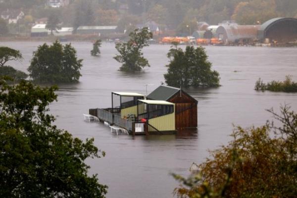 A view of the flooded Kingussie Camanachd Club Shinty pitch on October 08, 2023 in Kingussie, Scotland. The Scottish Enviro<em></em>nment Protection Agency (Sepa) says flooding is expected to affect properties and businesses around the village of Dalfaber