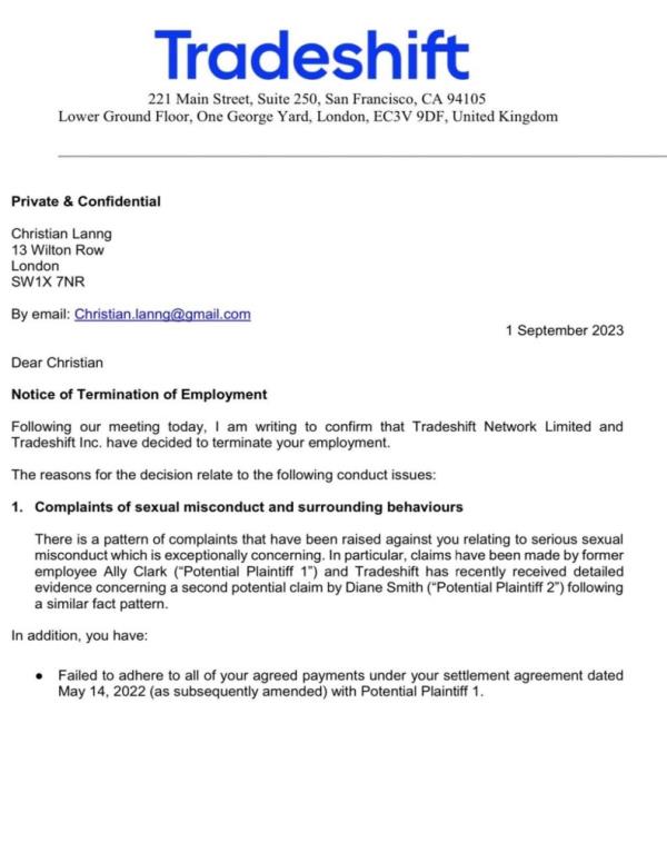 Lanng's termination letter from Tradeshift.