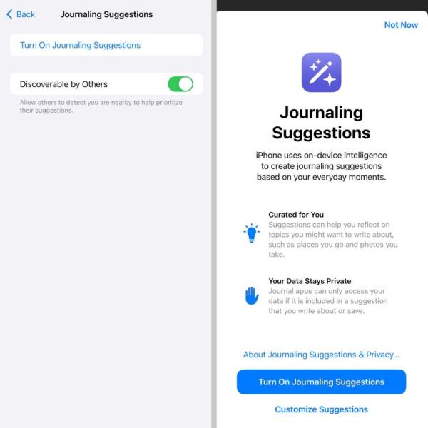 Screenshots of the Journal app on an iPhone, showcasing the 'Journaling Suggestions' feature