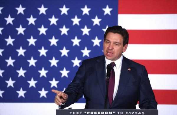 Republican presidential candidate Florida Gov. Ron DeSantis speaks at his caucus night event on Jan. 15, 2024 in West Des Moines, Iowa. 