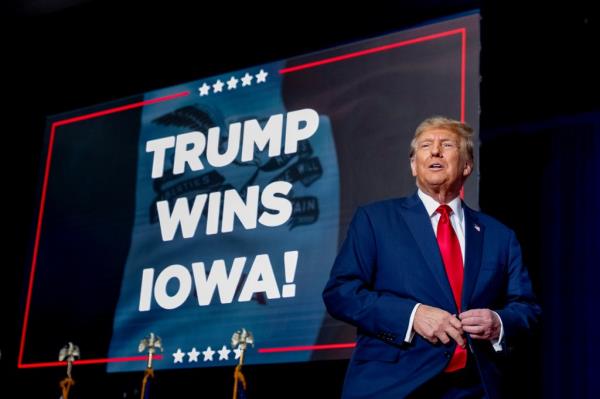 Republican presidential candidate and former U.S. President Do<em></em>nald Trump speaks during his caucus night watch party in Des Moines, Iowa, U.S., on Jan. 15, 2024.  