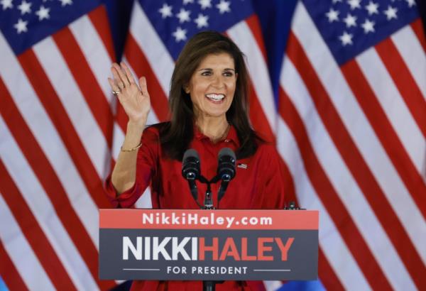 Republican presidential candidate former U.N. Ambassador Nikki Haley speaks at her caucus night event on Jan. 15, 2024 in West Des Moines, Iowa. 