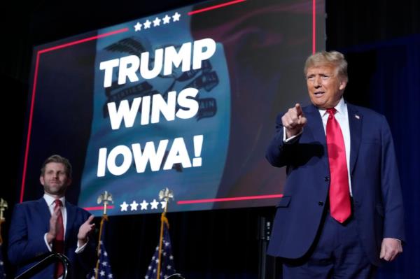 Republican presidential candidate former President Do<em></em>nald Trump arrives to speaks at a caucus night party in Des Moines, Iowa on Jan. 15, 2024. 