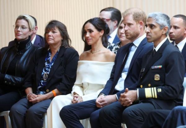 Britain's Prince Harry, Duke of Sussex, his wife Meghan, Duchess of Sussex, and The Surgeon General of the U.S. Vivek Murthy attend a panel held during Project Healthy Minds' second annual World Mental Health Day Festival and The Archewell Foundation Parents' Summit: Mental Wellness in the Digital Age in New York City, U.S., October 10, 2023. REUTERS/Mike Segar