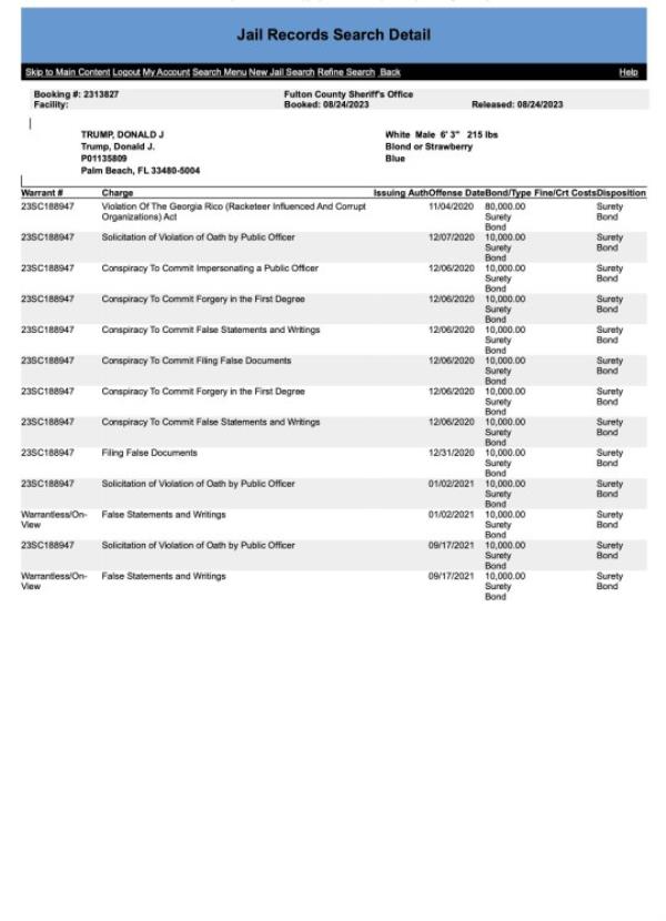 The booking sheet co<em></em>nfirming ex-President Do<em></em>nald Trump's arrest