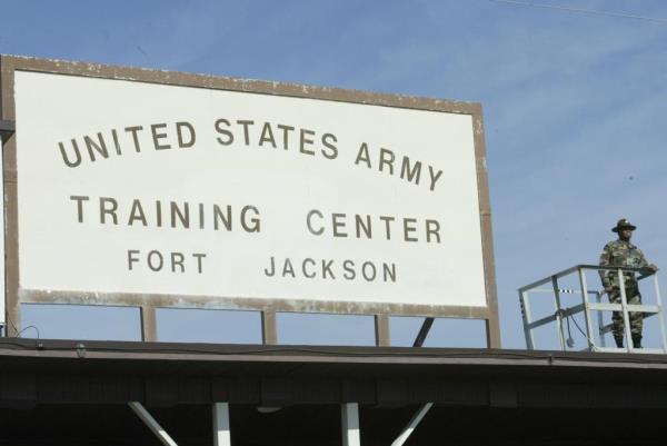 ign above parade grounds during Basic training graduation ceremo<em></em>nies at Fort Jackson, Columbia, South Carolina.