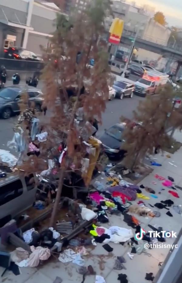 Screen shots showing a woman throwing clothing and household items from a balcony in Bedford Stuyvesant section of Brooklyn