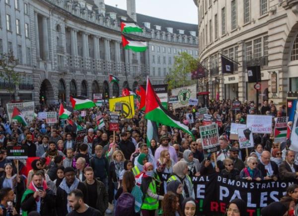 Mandatory Credit: Photo by Tayfun Salci/ZUMA Press Wire/Shutterstock (14149641n) Thousands march in central Lo<em></em>ndon in pro-Palestine protest as Israel is expected to start invasion of Gaza. March for PAlestine in London, England, United Kingdom - 14 Oct 2023