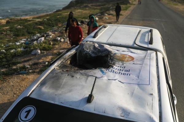 The World Central Kitchen vehicle that was hit while delivering aid.