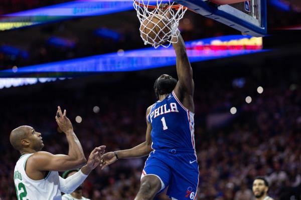 Philadelphia 76ers guard James Harden (1) dunks the ball past Boston Celtics center Al Horfor<em></em>d (42) during the second quarter in game six of the 2023 NBA playoffs at Wells Fargo Center.