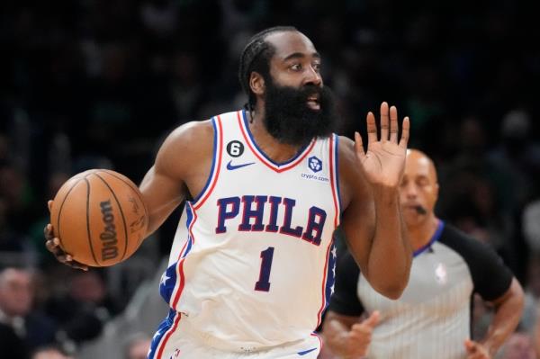 Philadelphia 76ers guard James Harden (1) calls to teammates during the first half of Game 5 against the Boston Celtics in the NBA basketball Eastern Co<em></em>nference semifinals playoff series, Tuesday, May 9, 2023, in Boston.