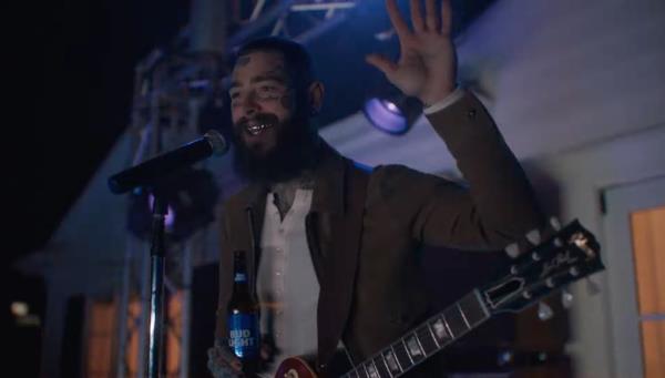 Group of friends encounter Bud light genie with NFL Hall of Famer Peyton Manning, singer & rapper Post Malone, and UFC CEO Dana White in Super Bowl ad.