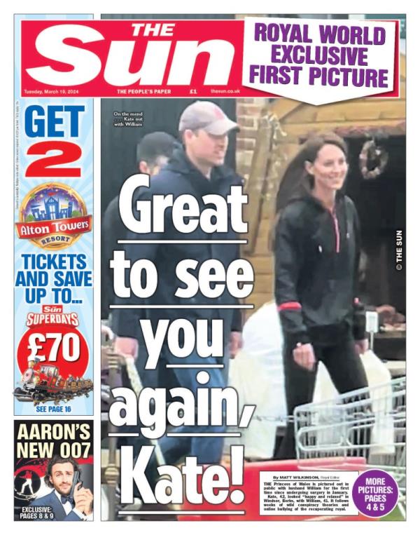 Kate Middleton and Prince William walking at a farm shop in Windsor, featured on The Sun's front page with the headline 
