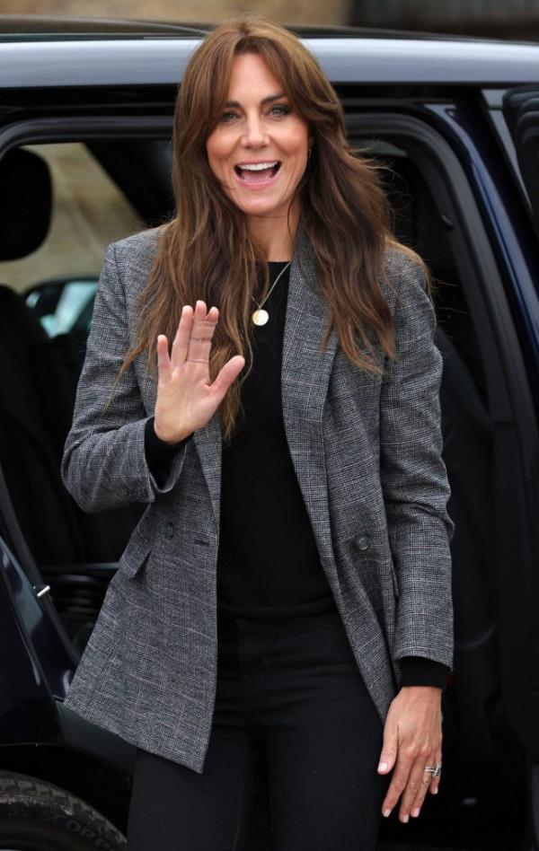 British Princess of Wales, Catherine, waving her hand while visiting We Are Farming Minds charity founders at Kings Pitt Farm in Hereford, England.