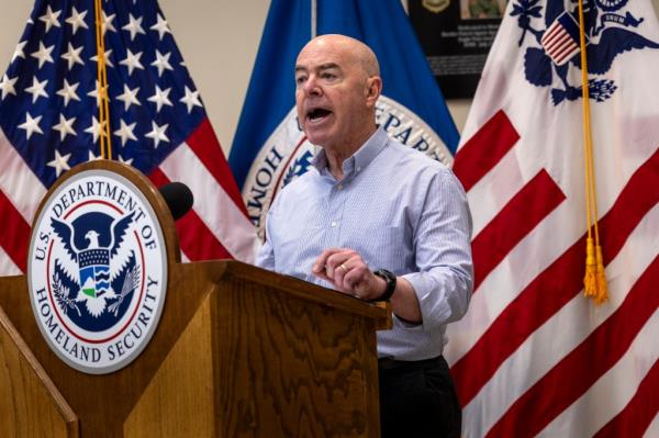 Department of Homeland Security Secretary Alejandro Mayorkas holds a press co<em></em>nference at a U.S. Border Patrol station on January 08, 2024 in Eagle Pass, Texas.