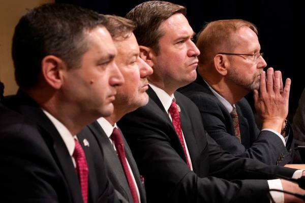 Mo<em></em>ntana Attorney General Austin Knudsen, Oklahoma Attorney General Gentner Drummond, Missouri Attorney General Andrew Bailey, and University of Missouri School of Law professor Frank Bowman appear during a House Homeland Security Committee hearing as part of a Republican-led effort to impeach U.S. Homeland Security Secretary Alejandro Mayorkas on Capitol Hill in Washington,  U.S., January 10, 2024.